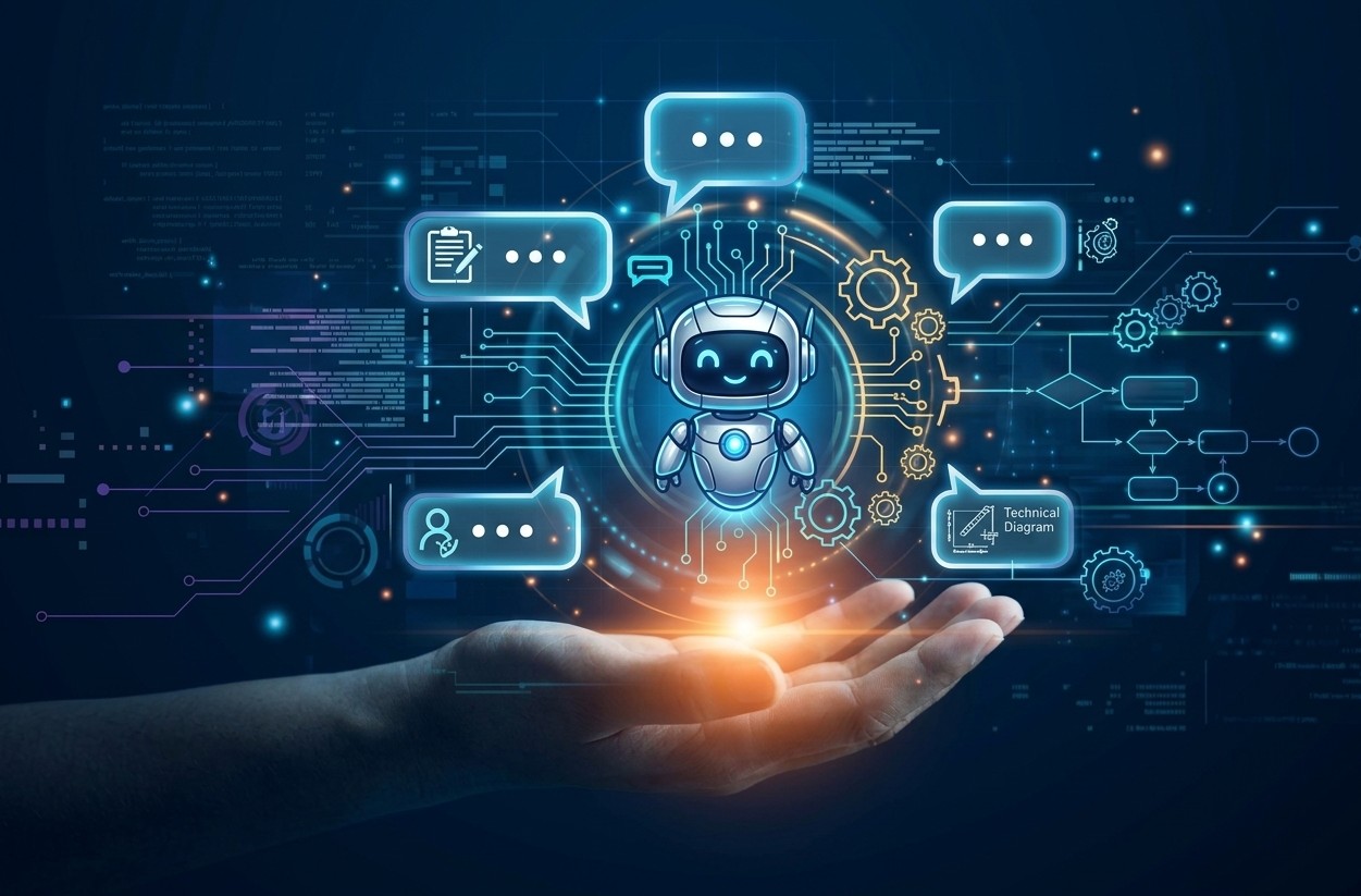 Ilustración conceptual de un chatbot de inteligencia artificial B2B asistiendo a un instalador eléctrico, mostrando iconos de herramientas, diagramas técnicos y engranajes sobre una mano abierta.